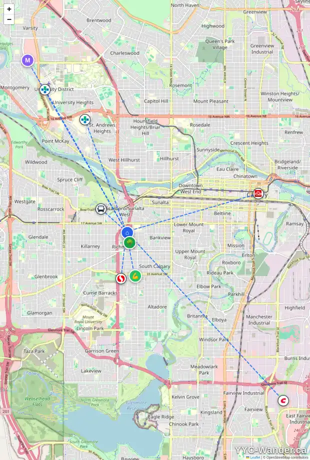 Daily accessibility map for 2015A 22 ST SW, Calgary showing nearby schools, grocery stores, parks, LRT stations and nearby amenities