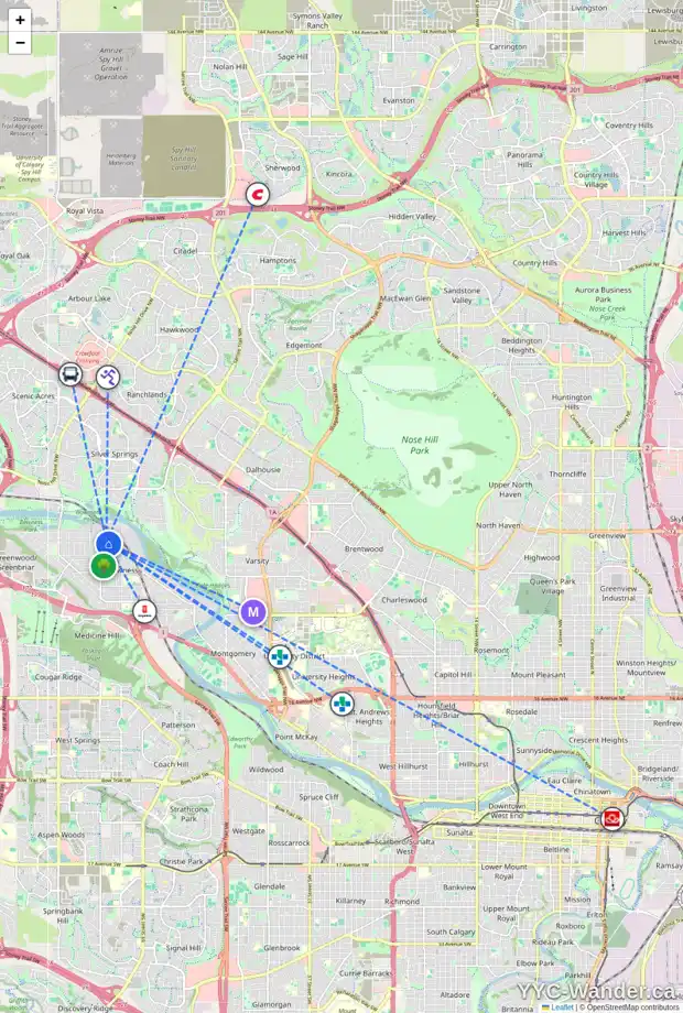 Daily accessibility map for 7720 46 AV NW, Calgary showing nearby schools, grocery stores, parks, LRT stations and nearby amenities