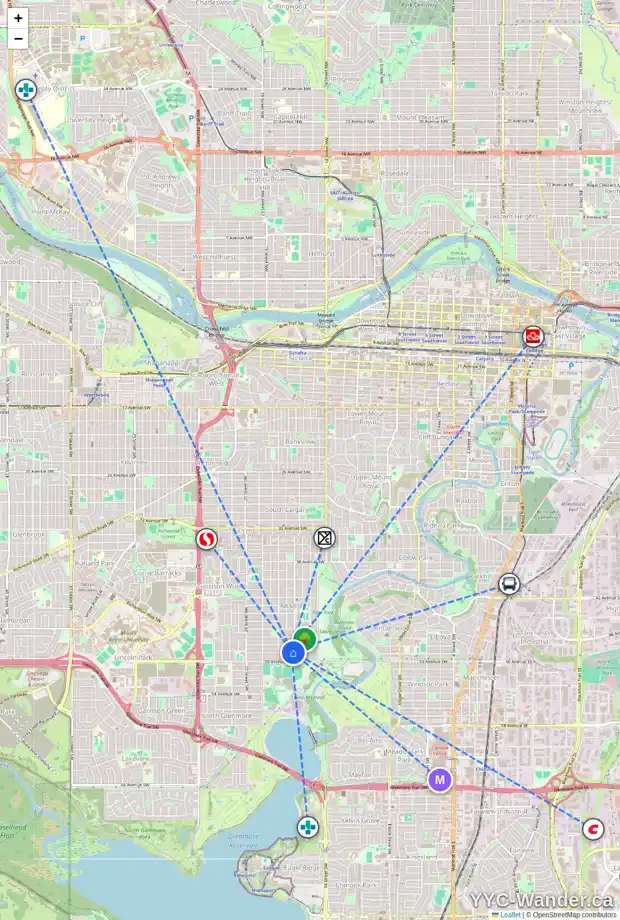 Daily accessibility map for 1710 49 AV SW, Calgary showing nearby schools, grocery stores, parks, LRT stations and nearby amenities