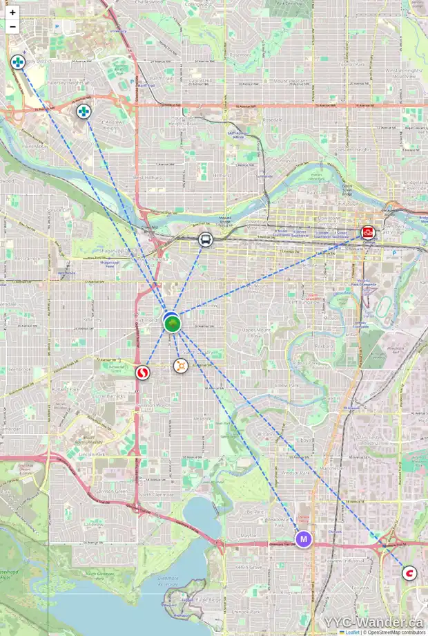 Daily accessibility map for 2533 20 ST SW, Calgary showing nearby schools, grocery stores, parks, LRT stations and nearby amenities