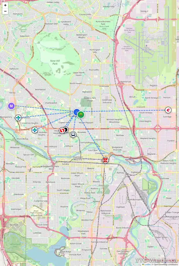 Daily accessibility map for 1228 ROSEHILL DR NW, Calgary showing nearby schools, grocery stores, parks, LRT stations and nearby amenities
