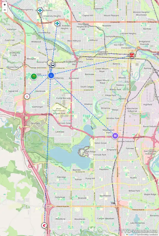 Daily accessibility map for 2233 35 ST SW, Calgary showing nearby schools, grocery stores, parks, LRT stations and nearby amenities