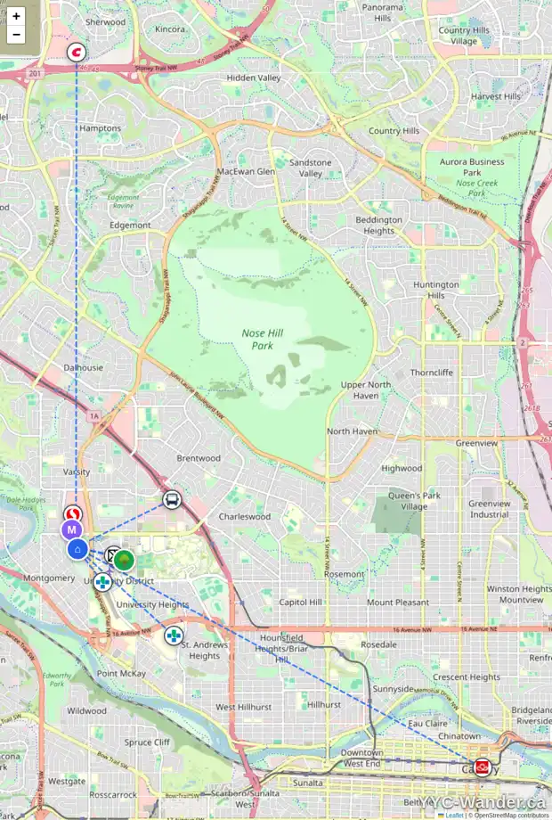 Daily accessibility map for 3021 46 ST NW, Calgary showing nearby schools, grocery stores, parks, LRT stations and nearby amenities