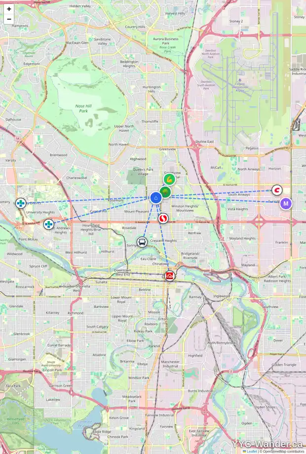Daily accessibility map for 219 27 AV NW, Calgary showing nearby schools, grocery stores, parks, LRT stations and nearby amenities