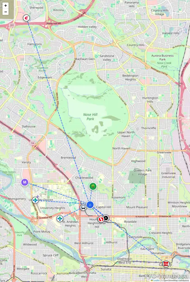 Daily accessibility map for 2356 22 ST NW, Calgary showing nearby schools, grocery stores, parks, LRT stations and nearby amenities