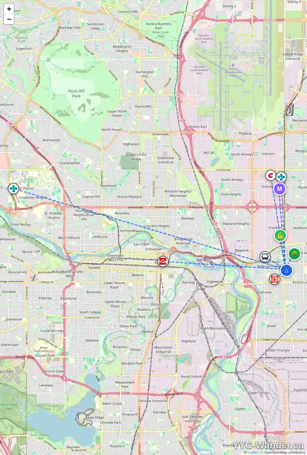 Daily accessibility map for 1136 36 ST SE, Calgary showing nearby schools, grocery stores, parks, LRT stations and nearby amenities