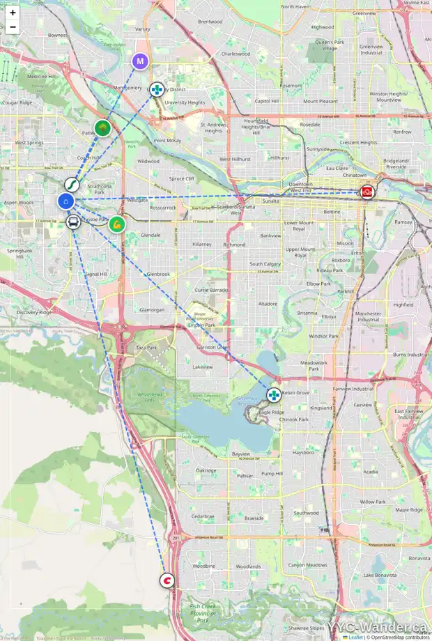 Daily accessibility map for 64 ASPEN WOODS PA SW, Calgary showing nearby schools, grocery stores, parks, LRT stations and nearby amenities
