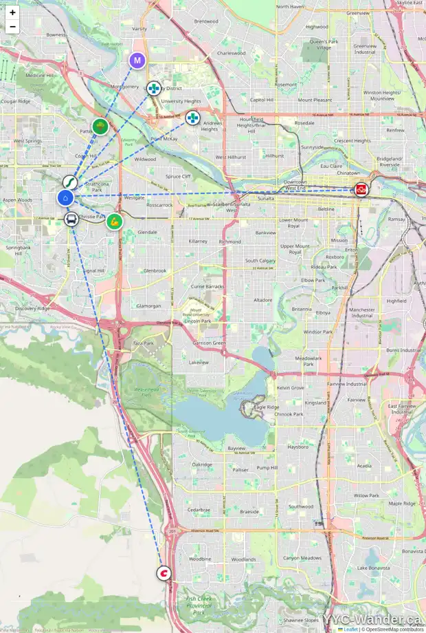 Daily accessibility map for 20 ASPEN WOODS PA SW, Calgary showing nearby schools, grocery stores, parks, LRT stations and nearby amenities