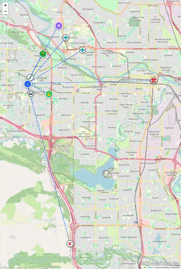 Daily accessibility map for 56 ASPEN WOODS PA SW, Calgary showing nearby schools, grocery stores, parks, LRT stations and nearby amenities