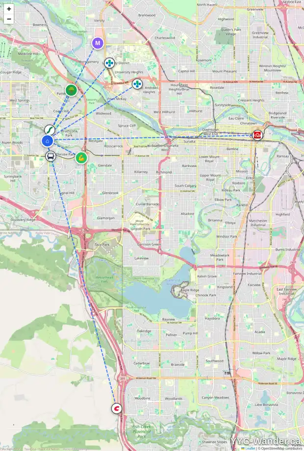 Daily accessibility map for 54 ASPEN WOODS PL SW, Calgary showing nearby schools, grocery stores, parks, LRT stations and nearby amenities
