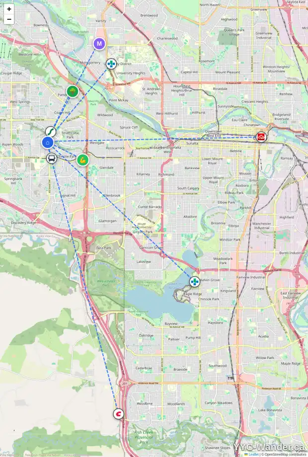 Daily accessibility map for 28 ASPEN WOODS PA SW, Calgary showing nearby schools, grocery stores, parks, LRT stations and nearby amenities
