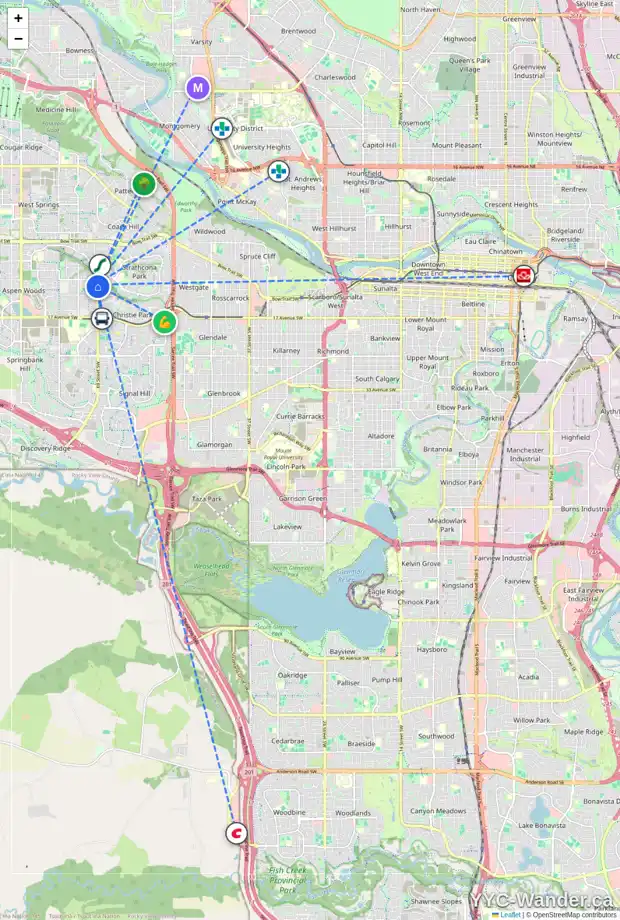 Daily accessibility map for 30 ASPEN WOODS PL SW, Calgary showing nearby schools, grocery stores, parks, LRT stations and nearby amenities