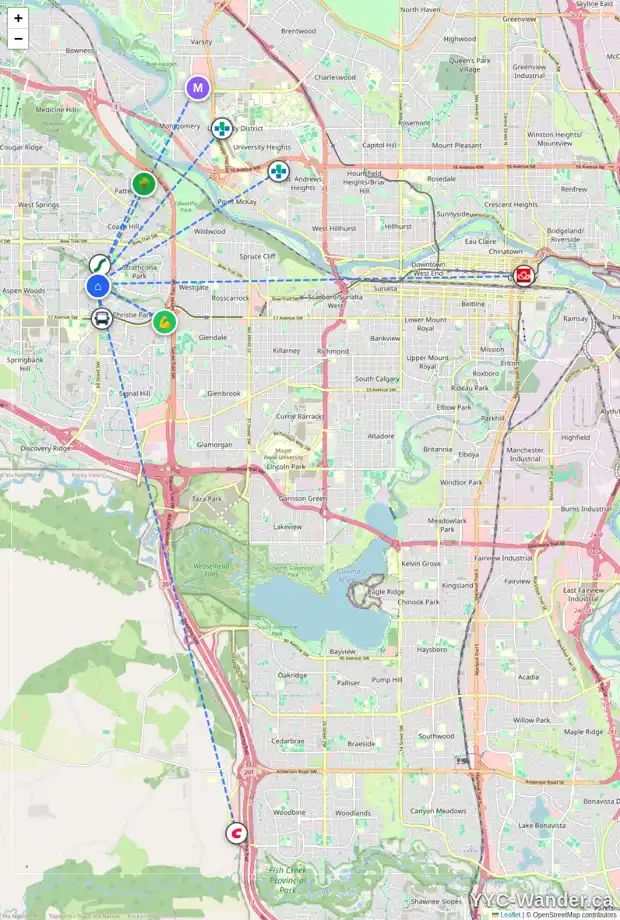 Daily accessibility map for 34 ASPEN WOODS PL SW, Calgary showing nearby schools, grocery stores, parks, LRT stations and nearby amenities