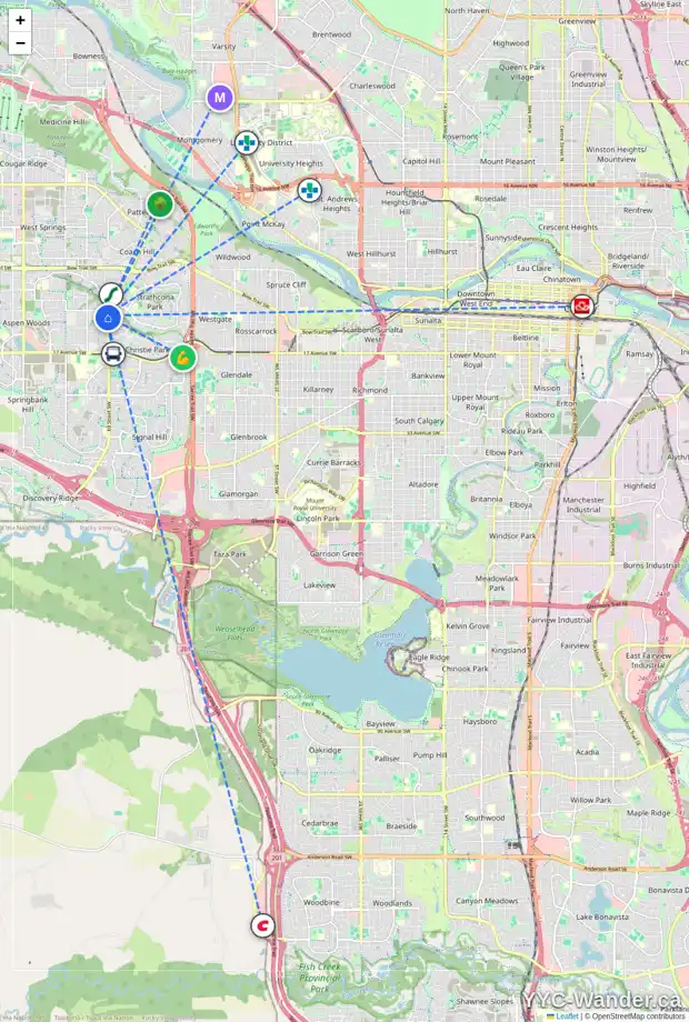 Daily accessibility map for 38 ASPEN WOODS PL SW, Calgary showing nearby schools, grocery stores, parks, LRT stations and nearby amenities