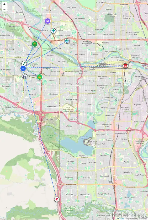 Daily accessibility map for 42 ASPEN WOODS PL SW, Calgary showing nearby schools, grocery stores, parks, LRT stations and nearby amenities