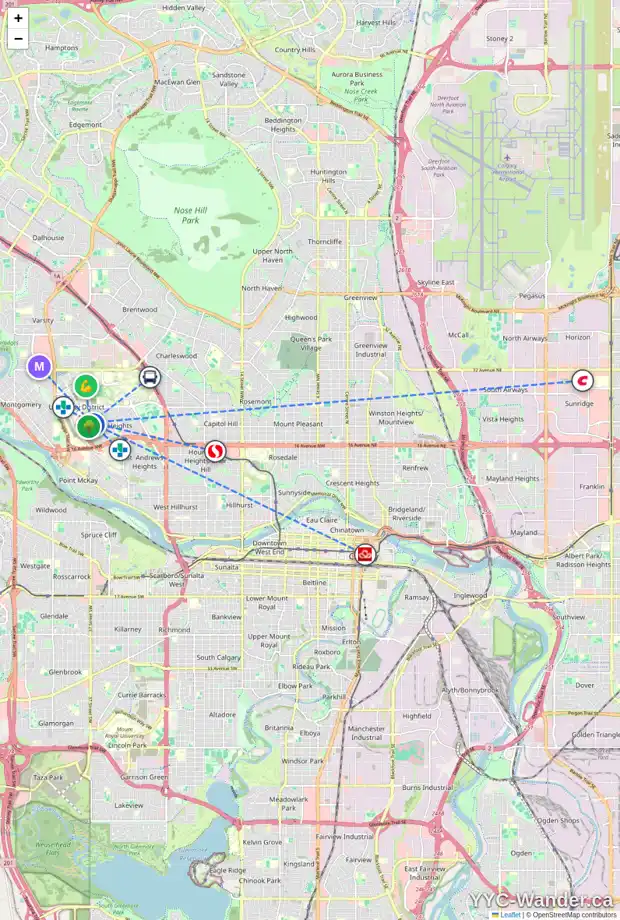 Daily accessibility map for 2415 UXBRIDGE DR NW, Calgary showing nearby schools, grocery stores, parks, LRT stations and nearby amenities