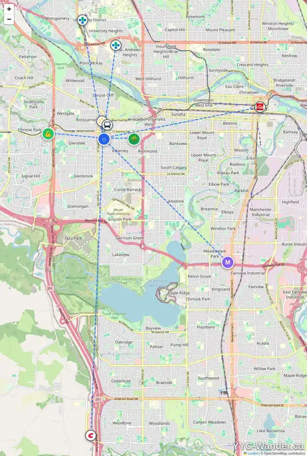 Daily accessibility map for 2013 35 ST SW, Calgary showing nearby schools, grocery stores, parks, LRT stations and nearby amenities