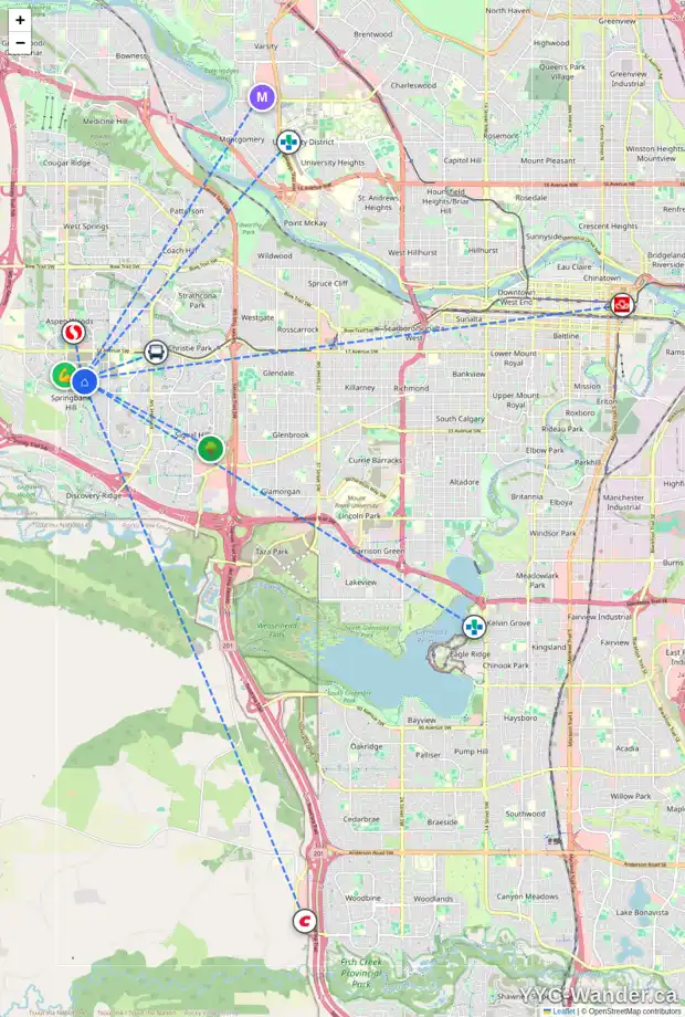 Daily accessibility map for 43 SPRING WILLOW CL SW, Calgary showing nearby schools, grocery stores, parks, LRT stations and nearby amenities