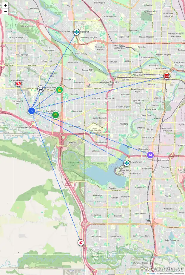 Daily accessibility map for 28 70 ELMONT DR SW, Calgary showing nearby schools, grocery stores, parks, LRT stations and nearby amenities