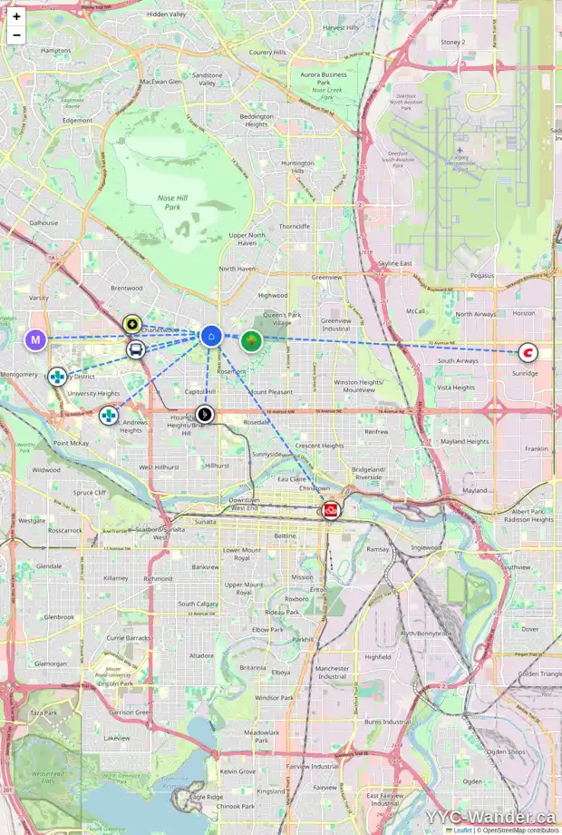 Daily accessibility map for 803 NORTHMOUNT DR NW, Calgary showing nearby schools, grocery stores, parks, LRT stations and nearby amenities