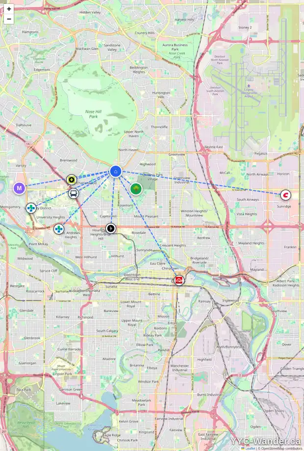Daily accessibility map for 1632 CAYUGA DR NW, Calgary showing nearby schools, grocery stores, parks, LRT stations and nearby amenities