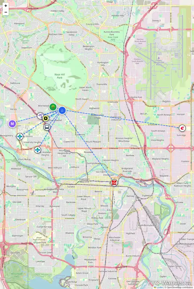 Daily accessibility map for 2008 CROCUS RD NW, Calgary showing nearby schools, grocery stores, parks, LRT stations and nearby amenities