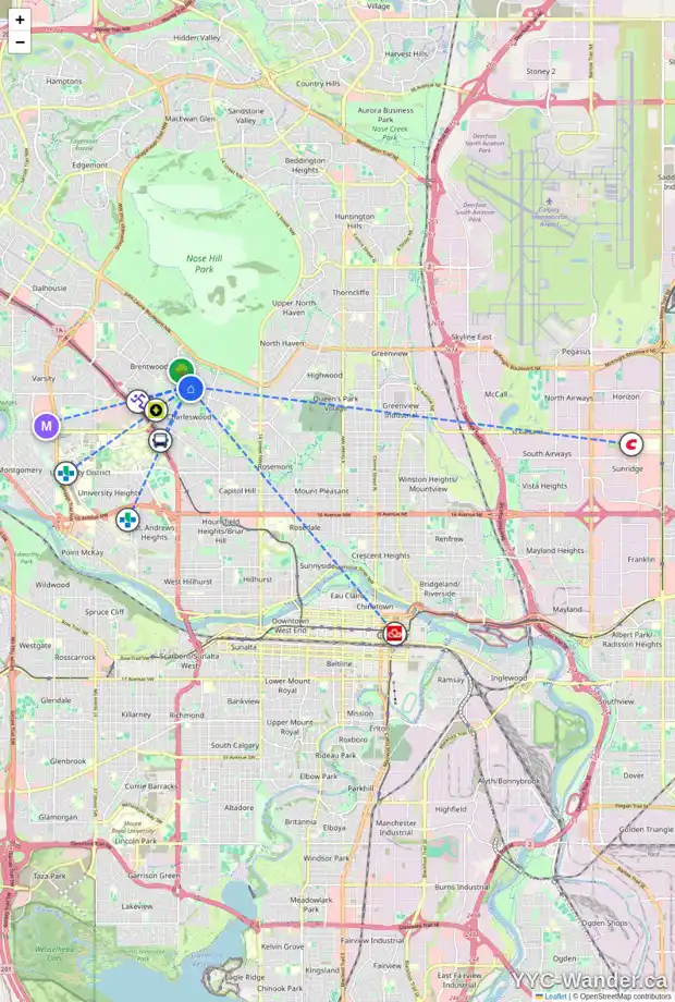 Daily accessibility map for 15 CHATHAM DR NW, Calgary showing nearby schools, grocery stores, parks, LRT stations and nearby amenities