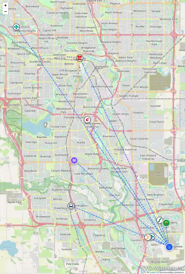Daily accessibility map for 296 MALLARD GV SE, Calgary showing nearby schools, grocery stores, parks, LRT stations and nearby amenities