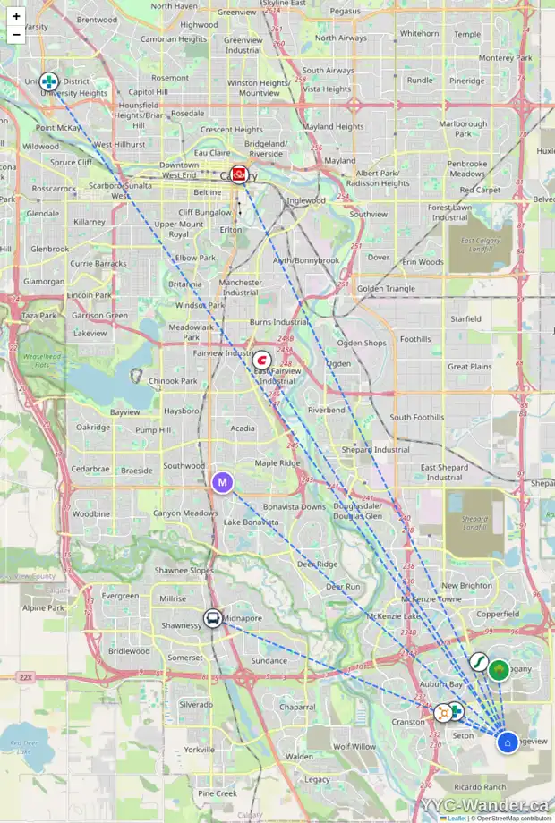 Daily accessibility map for 300 MALLARD GV SE, Calgary showing nearby schools, grocery stores, parks, LRT stations and nearby amenities