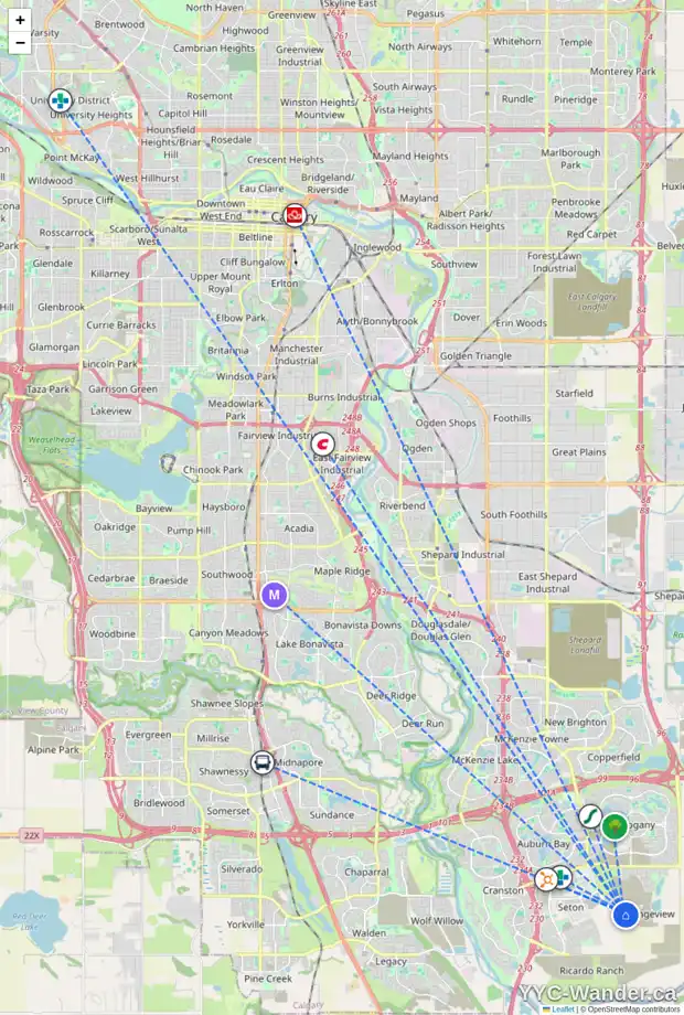 Daily accessibility map for 308 MALLARD GV SE, Calgary showing nearby schools, grocery stores, parks, LRT stations and nearby amenities