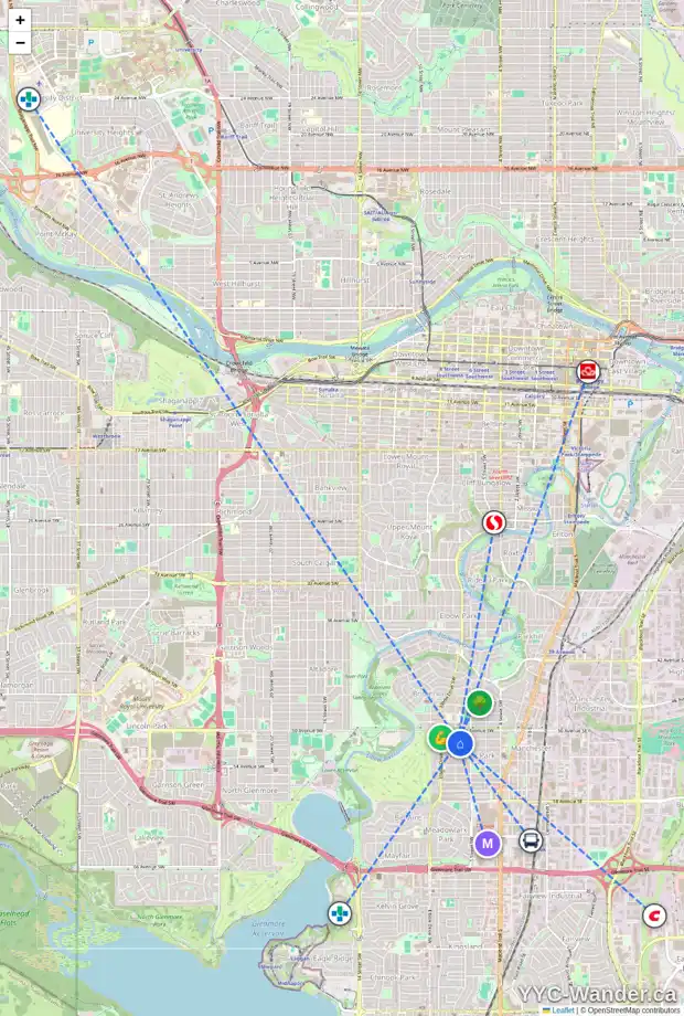 Daily accessibility map for 637 51 AV SW, Calgary showing nearby schools, grocery stores, parks, LRT stations and nearby amenities