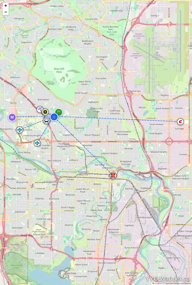 Daily accessibility map for 2427 CHARLEBOIS DR NW, Calgary showing nearby schools, grocery stores, parks, LRT stations and nearby amenities