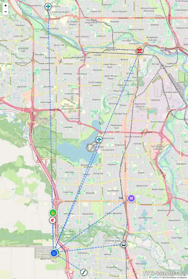 Daily accessibility map for 219 TREELINE VW SW, Calgary showing nearby schools, grocery stores, parks, LRT stations and nearby amenities