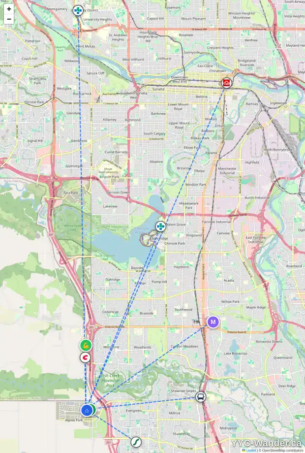 Daily accessibility map for 115 ALPINE DR SW, Calgary showing nearby schools, grocery stores, parks, LRT stations and nearby amenities