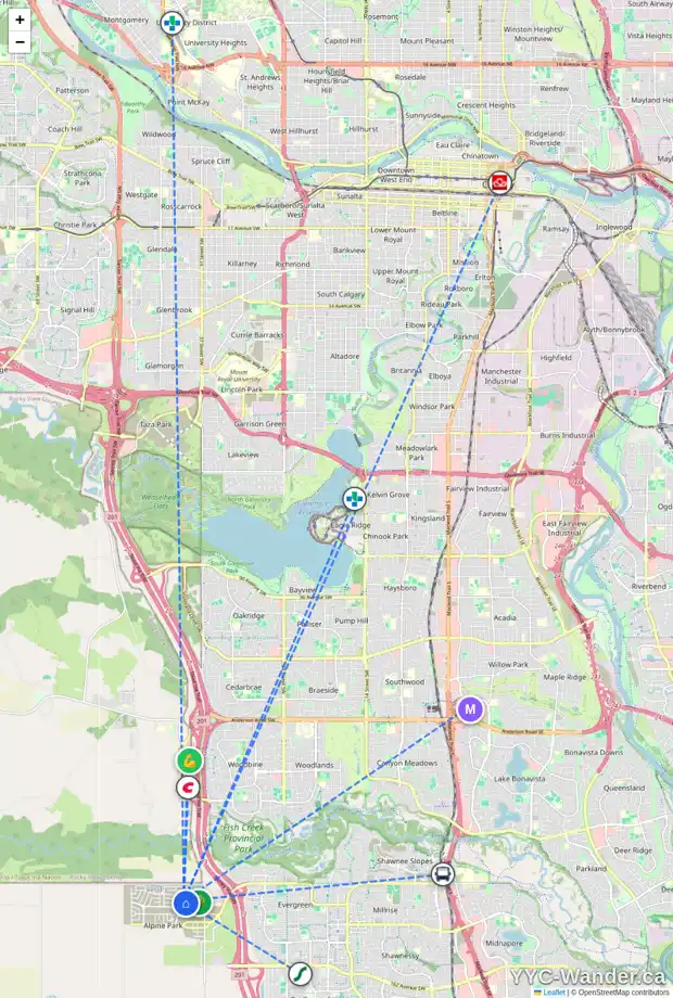 Daily accessibility map for 222 ALPINE BV SW, Calgary showing nearby schools, grocery stores, parks, LRT stations and nearby amenities