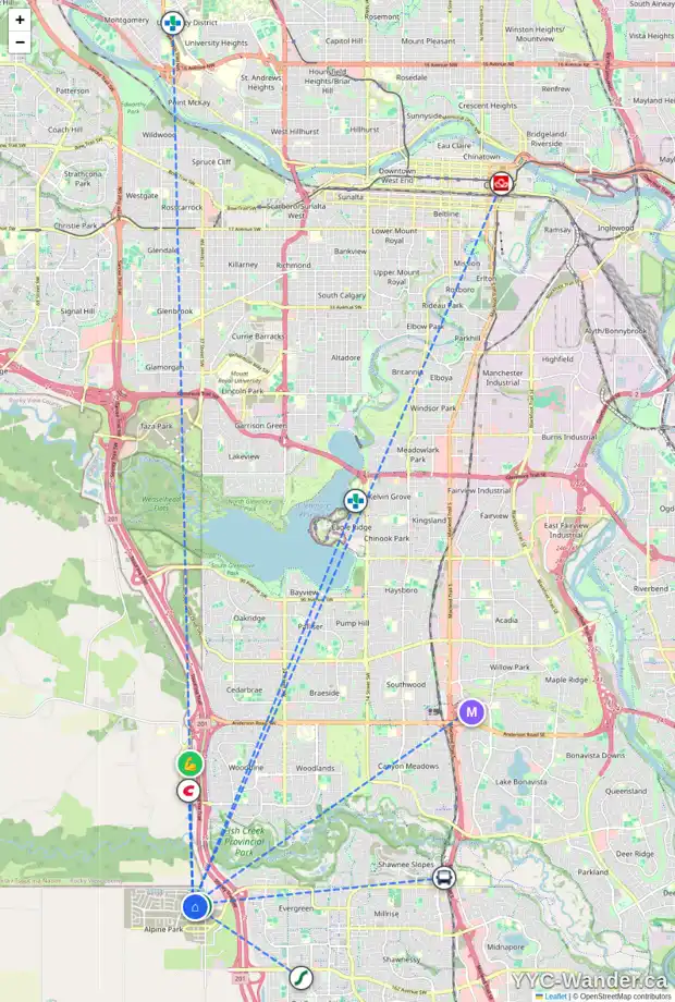 Daily accessibility map for 131 TREELINE VW SW, Calgary showing nearby schools, grocery stores, parks, LRT stations and nearby amenities