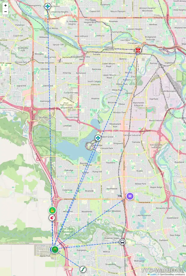 Daily accessibility map for 90 ALPINE CM SW, Calgary showing nearby schools, grocery stores, parks, LRT stations and nearby amenities