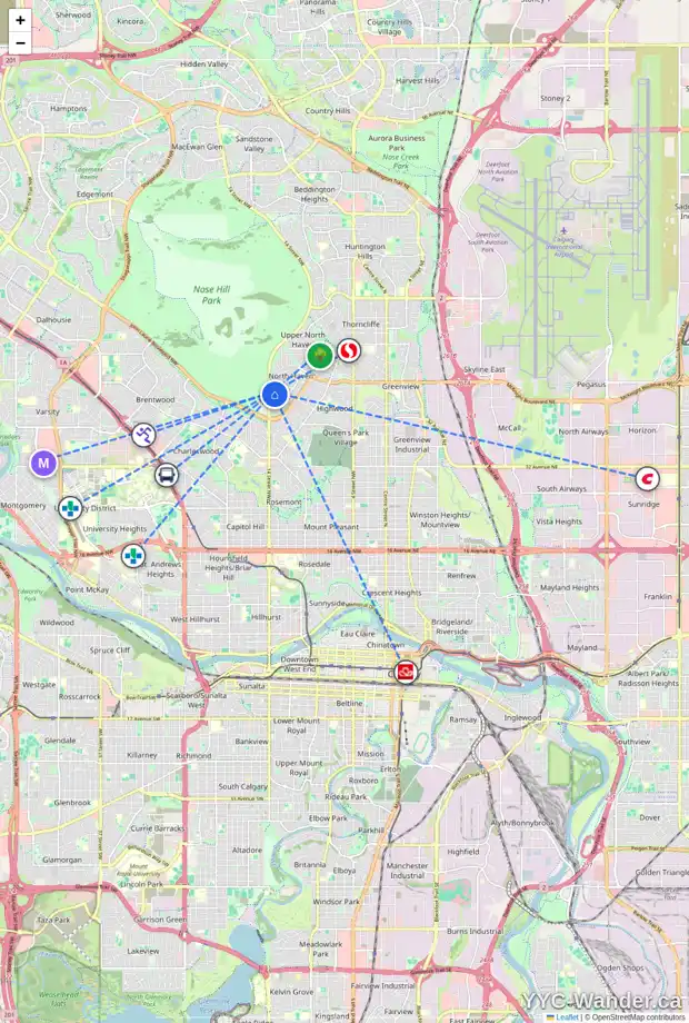 Daily accessibility map for 4703 NORQUAY DR NW, Calgary showing nearby schools, grocery stores, parks, LRT stations and nearby amenities