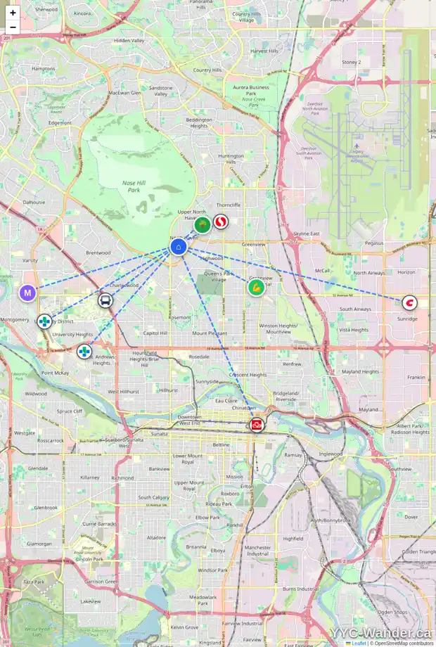 Daily accessibility map for 1215 NICKLE RD NW, Calgary showing nearby schools, grocery stores, parks, LRT stations and nearby amenities