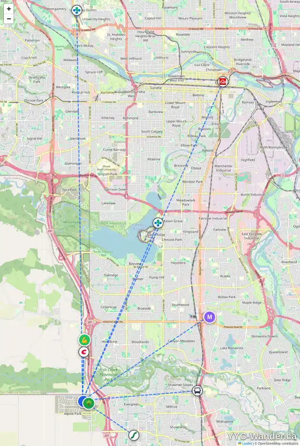 Daily accessibility map for 5 ALPINE LN SW, Calgary showing nearby schools, grocery stores, parks, LRT stations and nearby amenities