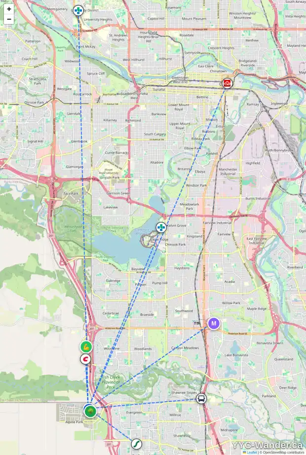 Daily accessibility map for 87 BLUEROCK AV SW, Calgary showing nearby schools, grocery stores, parks, LRT stations and nearby amenities