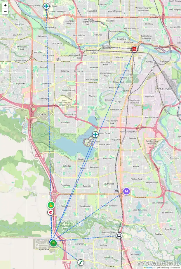 Daily accessibility map for 99 BLUEROCK AV SW, Calgary showing nearby schools, grocery stores, parks, LRT stations and nearby amenities