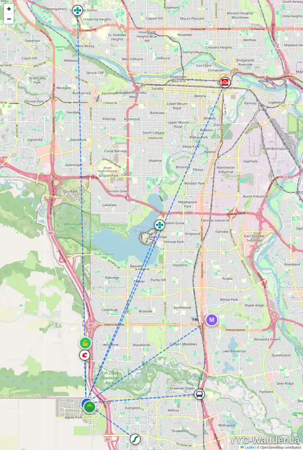 Daily accessibility map for 119 BLUEROCK AV SW, Calgary showing nearby schools, grocery stores, parks, LRT stations and nearby amenities
