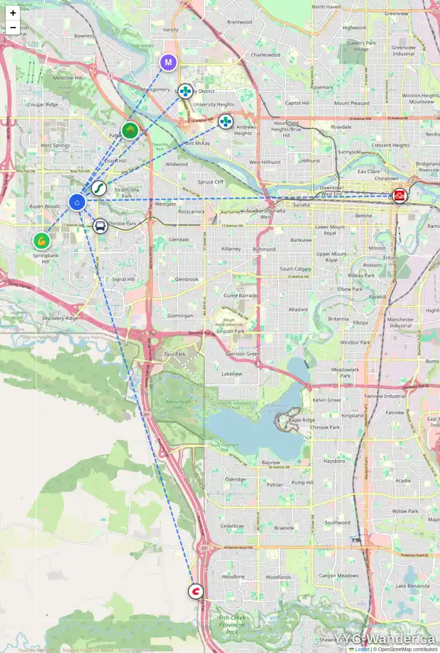 Daily accessibility map for 1420 75 ST SW, Calgary showing nearby schools, grocery stores, parks, LRT stations and nearby amenities