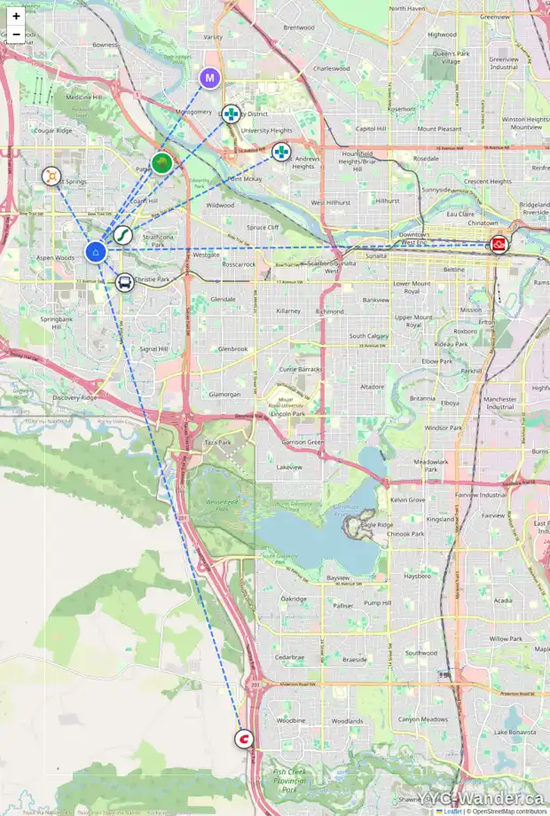 Daily accessibility map for 1416 75 ST SW, Calgary showing nearby schools, grocery stores, parks, LRT stations and nearby amenities