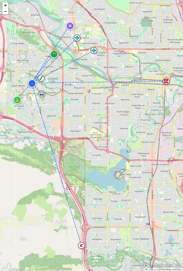 Daily accessibility map for 1412 75 ST SW, Calgary showing nearby schools, grocery stores, parks, LRT stations and nearby amenities