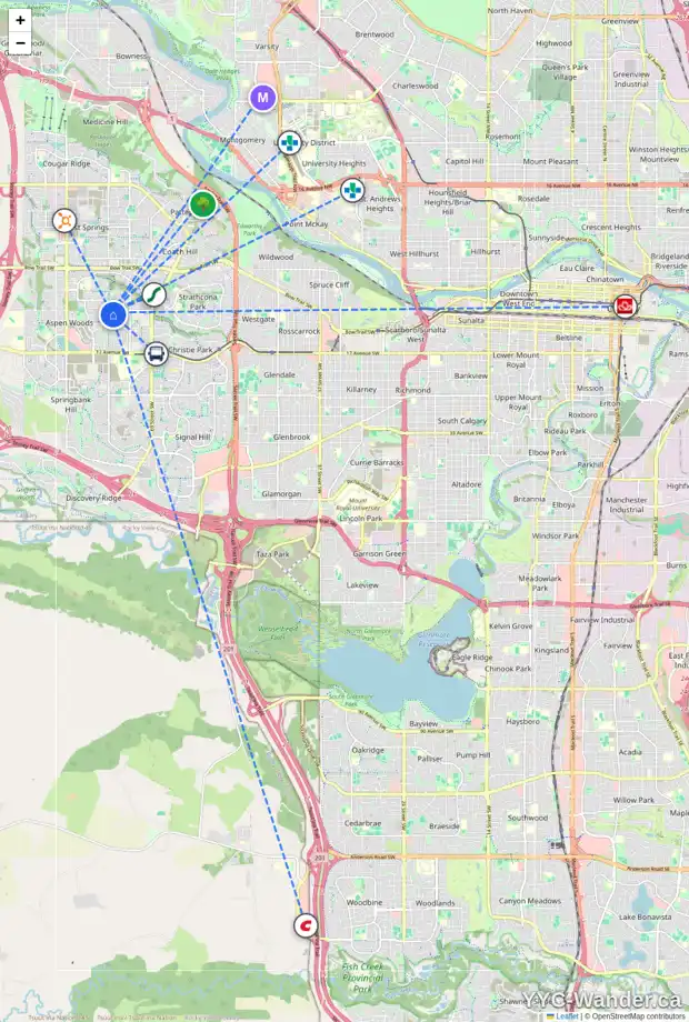 Daily accessibility map for 7641 14 AV SW, Calgary showing nearby schools, grocery stores, parks, LRT stations and nearby amenities