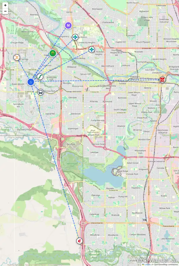 Daily accessibility map for 7621 14 AV SW, Calgary showing nearby schools, grocery stores, parks, LRT stations and nearby amenities