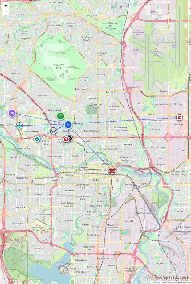 Daily accessibility map for 2526 17 ST NW, Calgary showing nearby schools, grocery stores, parks, LRT stations and nearby amenities