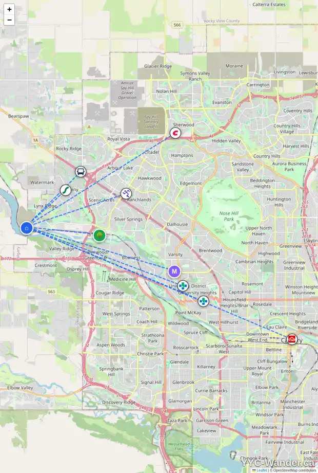 Daily accessibility map for 325 ROWMONT DR NW, Calgary showing nearby schools, grocery stores, parks, LRT stations and nearby amenities